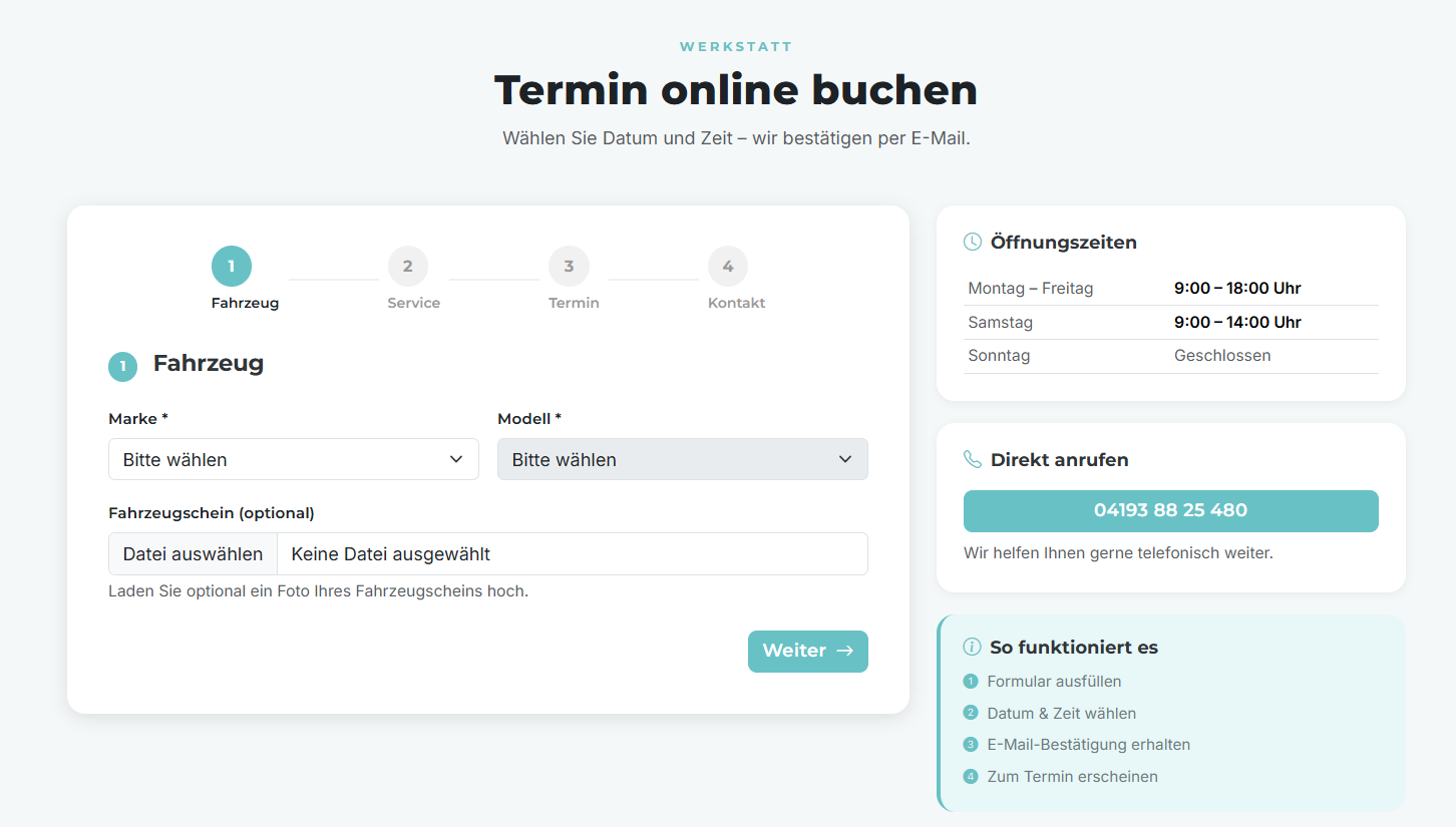 Screenshot: Online-Terminbuchung bei Autohaus Wadood