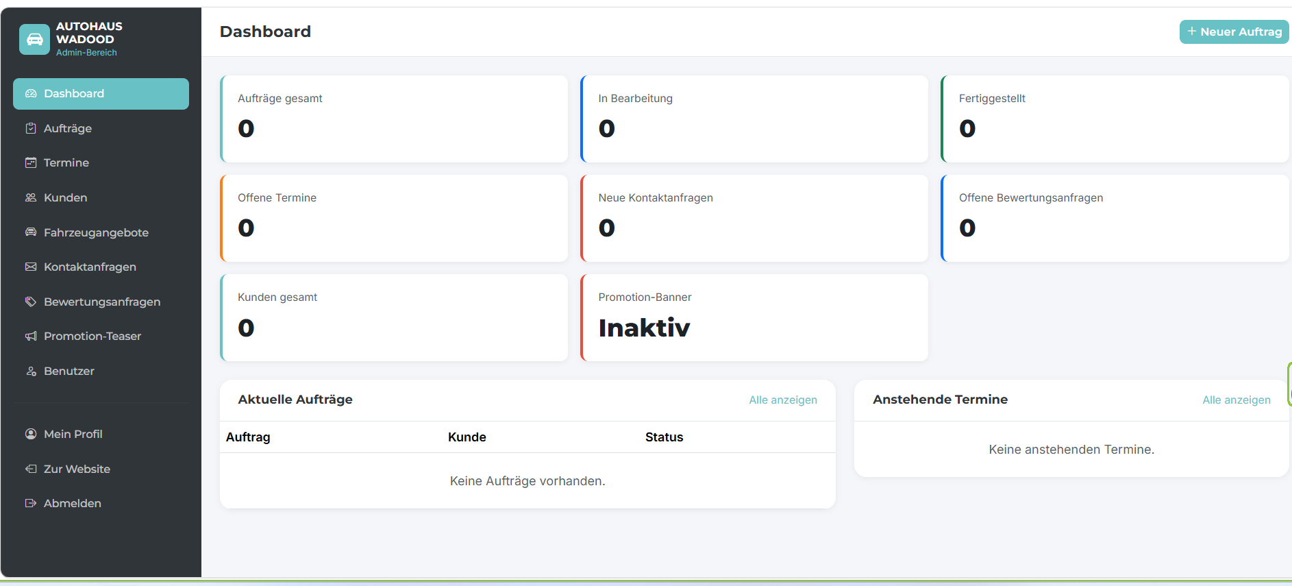 Screenshot: Werkstatt-Dashboard mit Auftragsstatus