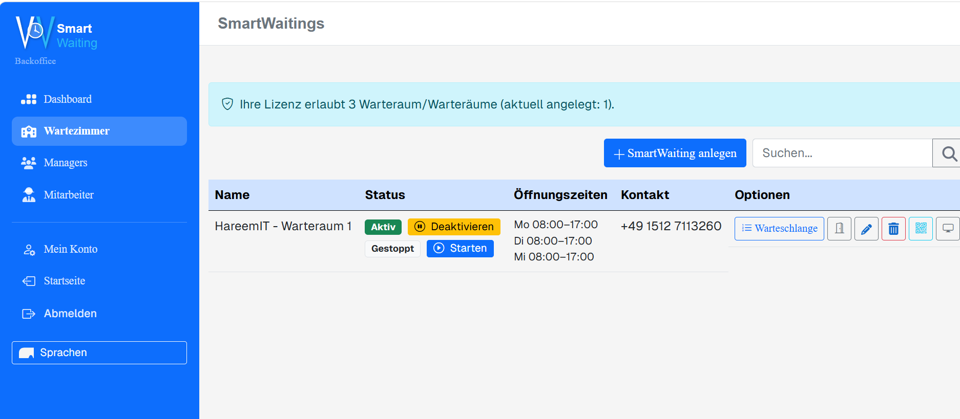 Screenshot: SmartWaiting Admin-Dashboard mit Warteschlangen-Übersicht